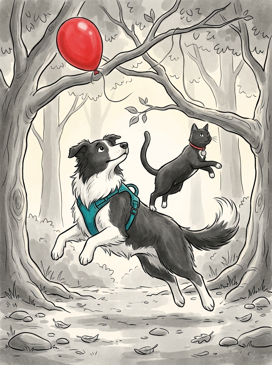 Max leaps repeatedly into the air, missing the balloon by several feet every time. Spotting an opportunity, Felix gracefully jumps onto Max's back, using the bouncy dog as a springboard to reach the lowest tree branch.