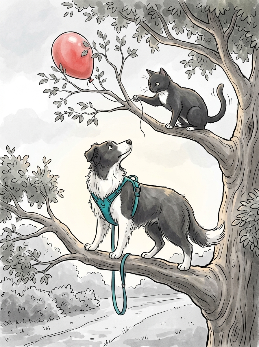 High up in the branches, Felix carefully uses one extended claw to hook the balloon's string, delicately untangling it from the twigs without popping it and nudging it free into the air.