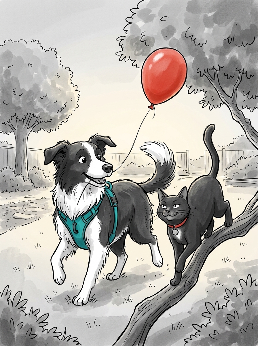 Max joyfully catches the floating string in his mouth and trots around the yard in victory, while Felix leaps down from the tree and struts alongside him with a smug, proud smile.