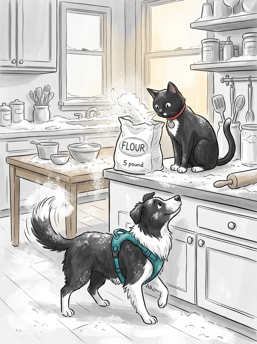 Felix gracefully leaps onto the counter to inspect a massive five-pound bag of flour, while an overly enthusiastic Max wags his tail beneath him, accidentally shaking the table.