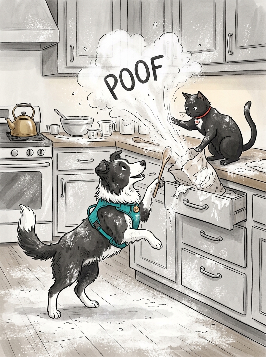 Eager to reach a wooden spoon, Max leaps up just as Felix tries to nudge the flour bag away, causing the bag to snag on a drawer handle and tear wide open in a giant poof.