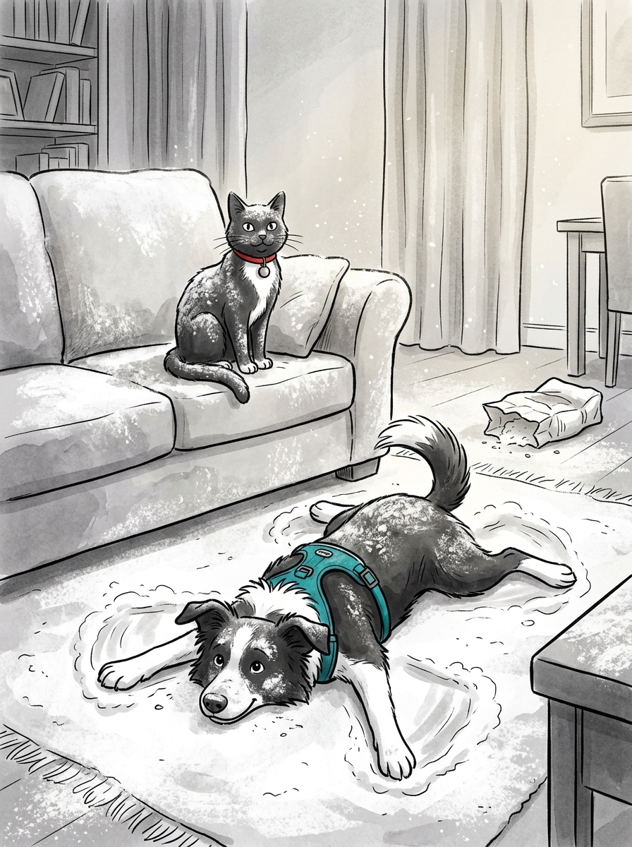 Embracing the indoor winter wonderland, Max happily glides across the rug doing flour angels while a completely white Felix sits proudly atop the sofa like a majestic snow leopard.