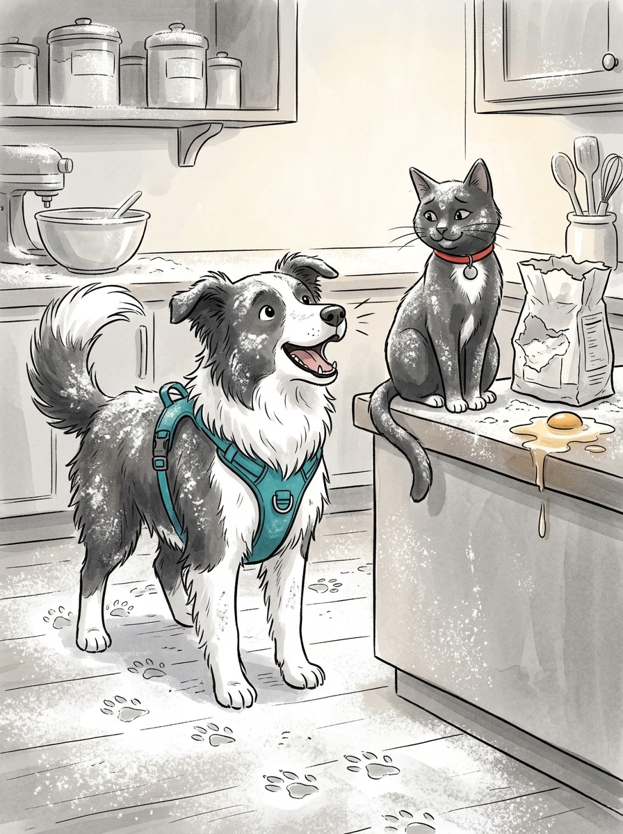 The owner walks back in to find two powdery, ghostly white pets leaving snowy pawprints across the house, as Max gives an enthusiastic bark and Felix sits calmly with a guilty purr.