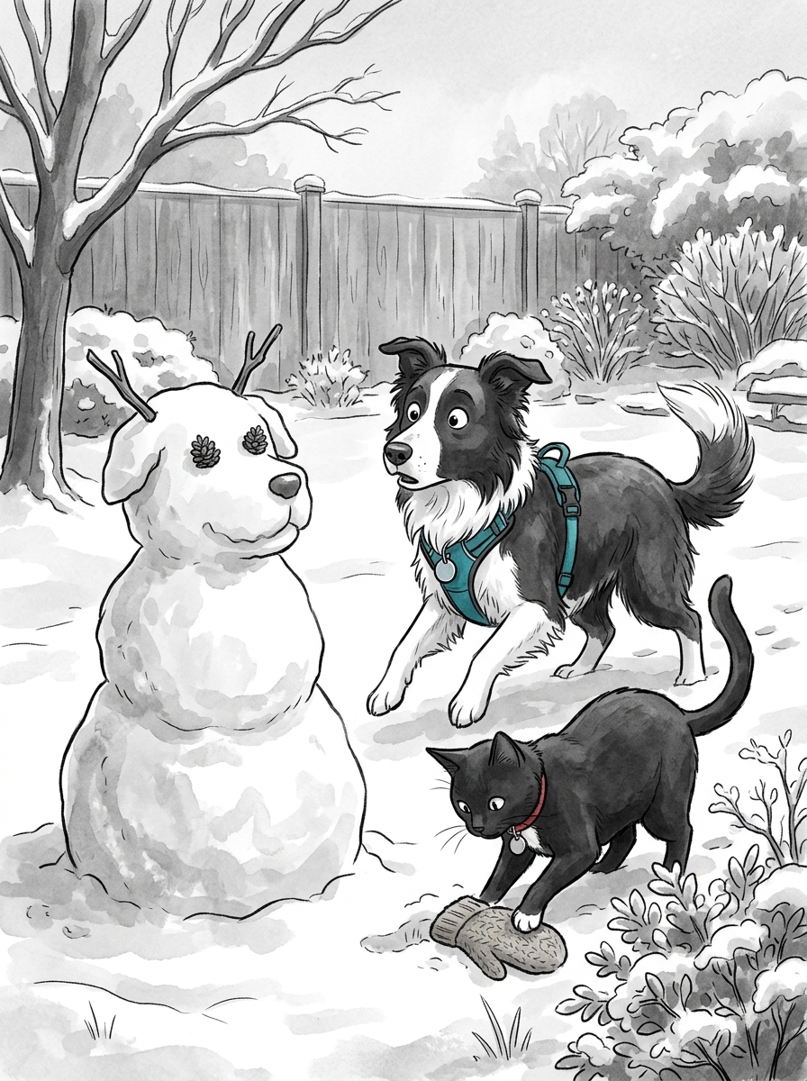 Max halts mid-bound, his ears perking up in surprise as he spots a large snow-dog built in the middle of the lawn, complete with pinecone eyes and stick ears.