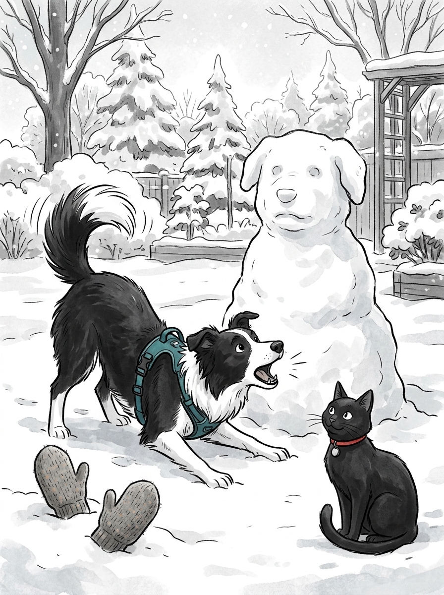 Confused by the silent intruder, Max drops into a play-bow, barking happily and tail wagging, waiting for the giant snow-dog to chase him back.