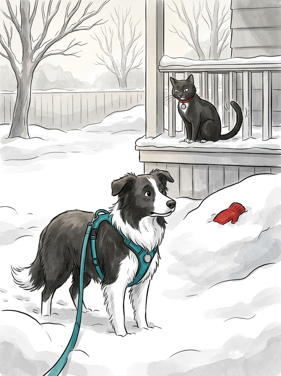 Felix watches from the porch railing with an amused flick of his tail before his keen green eyes spot a patch of bright red wool buried in a nearby snowdrift.