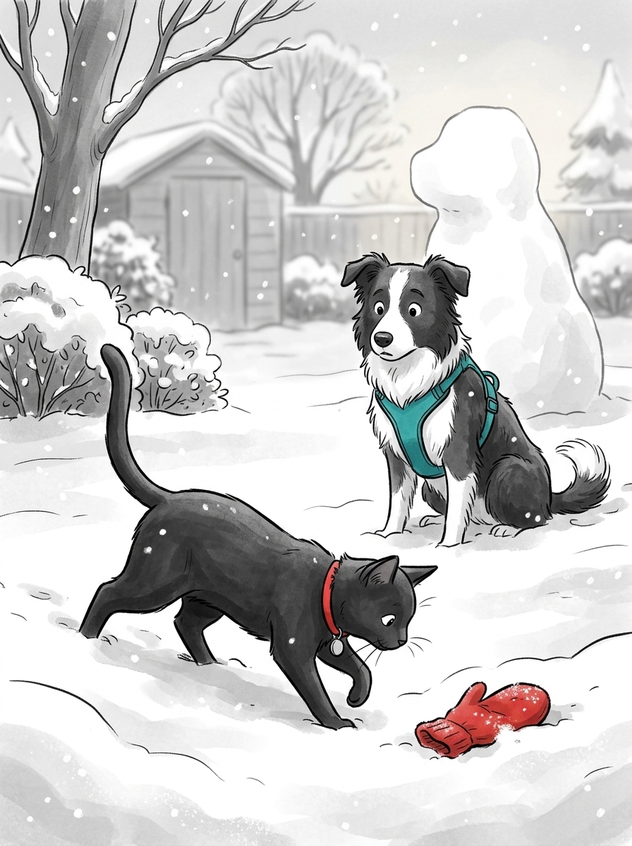 Leaping gracefully down into the shallow powder, Felix trots over to investigate the red object, recognizing it as the young owner's lost winter mitten.