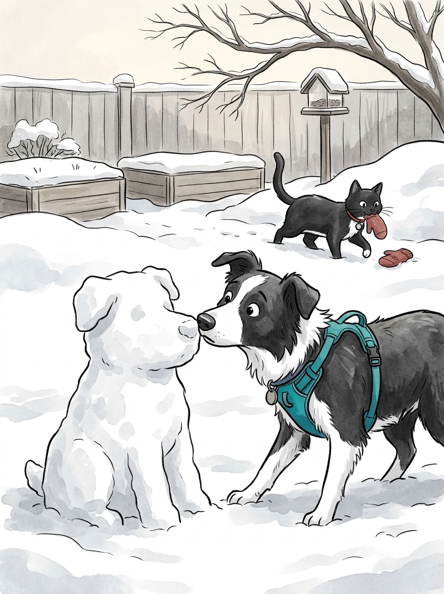 Max nudges the snow-dog's cold nose with his own wet snout, tilting his head in complete bewilderment when the icy figure fails to respond to his friendly invitation.