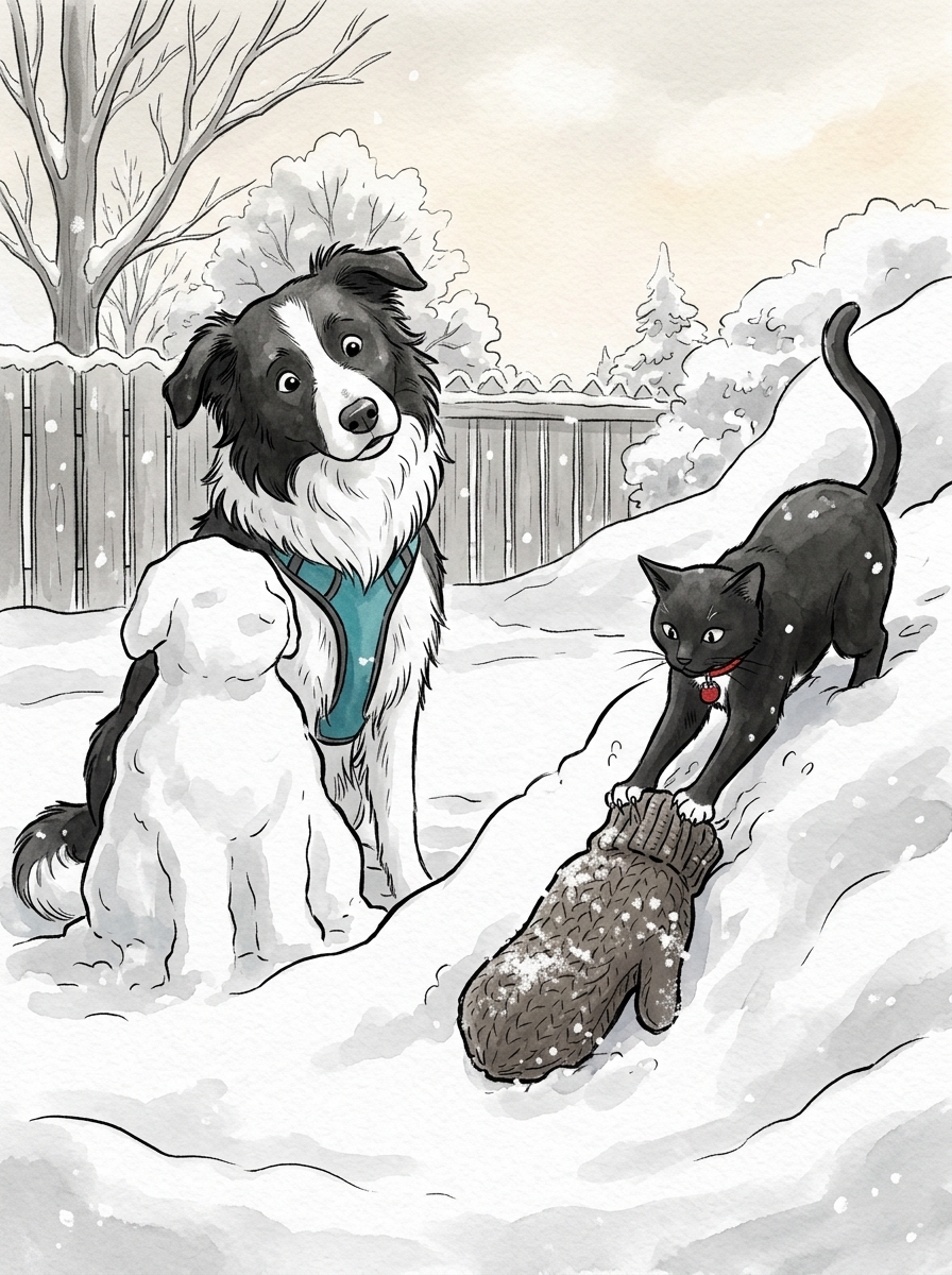 Felix hooks his claws carefully into the woolen mitten, tugging and dragging the heavy, snow-dusted glove out of the deep drift.