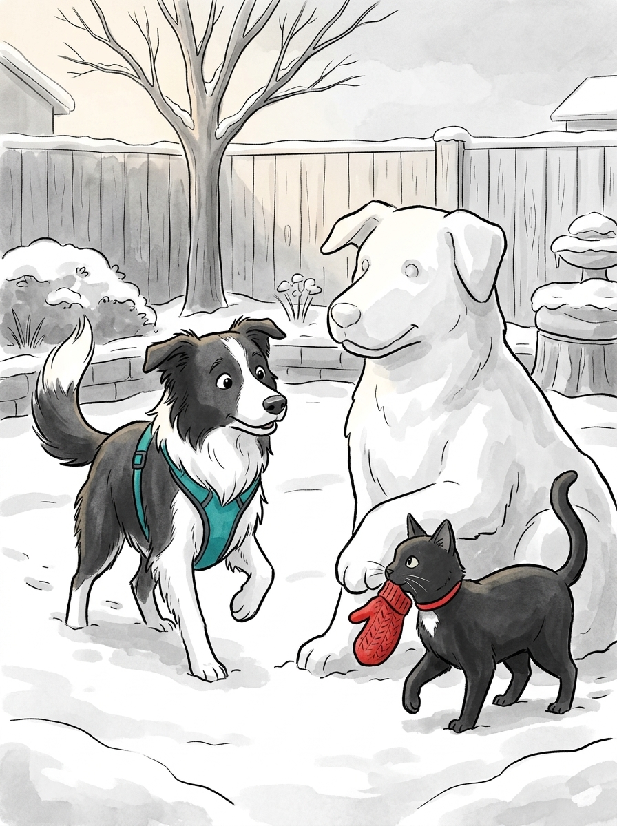 Noticing Felix moving the bright red mitten, Max assumes his clever cat friend is playing a game with the frozen giant and bounds over to help.