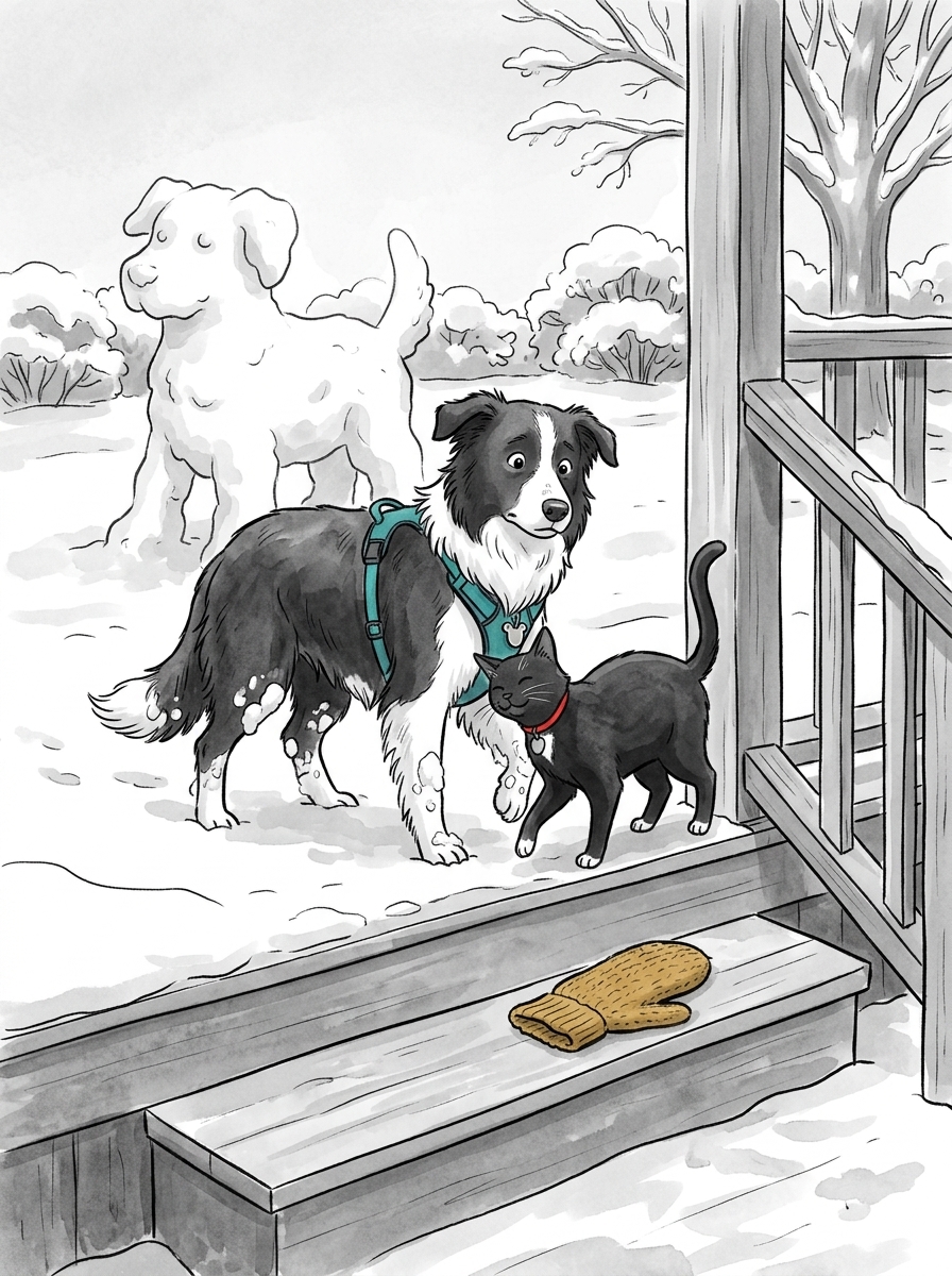 Felix successfully deposits the rescued mitten onto the dry top step of the back porch, then walks over to brush warmly against Max's snowy leg.