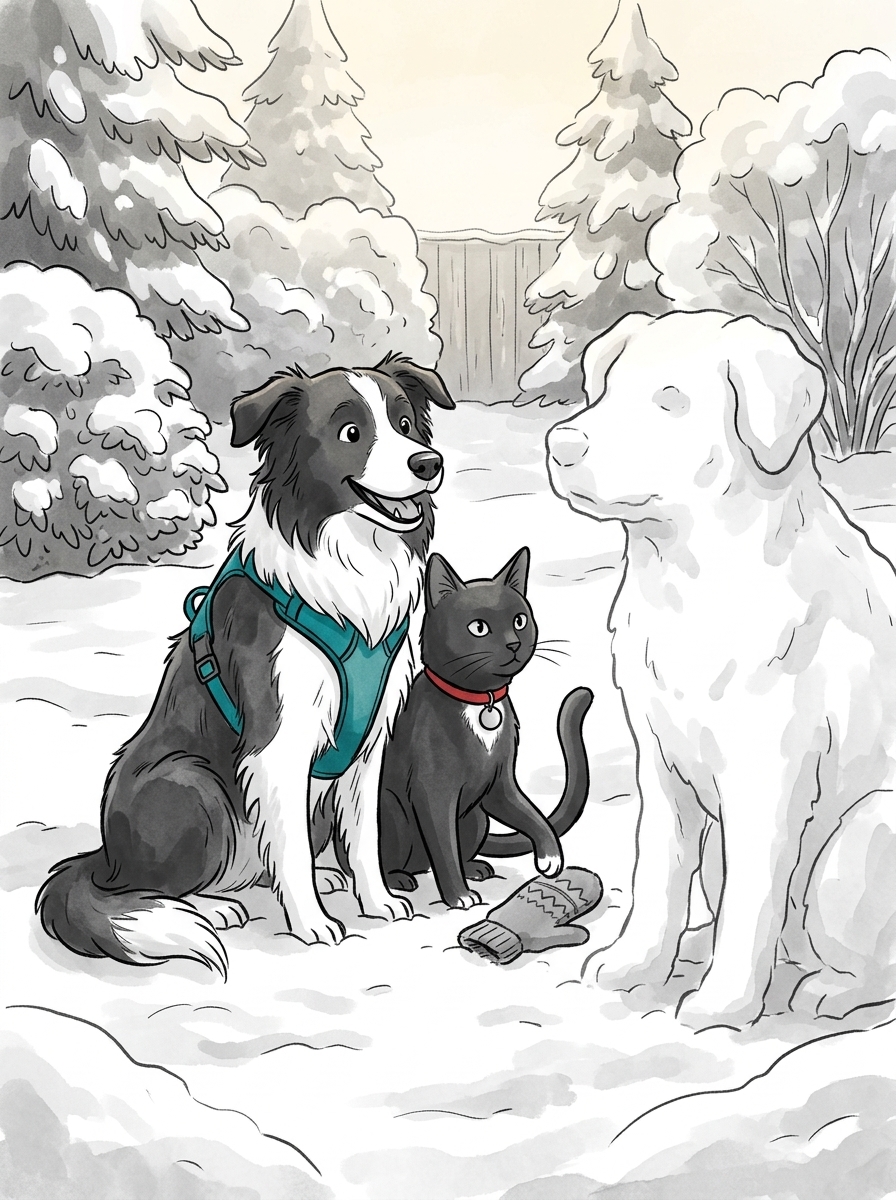 Max sits happily beside Felix in the snow, leaning against his calm feline companion while admiring both the silent snow-dog and the safely retrieved mitten.