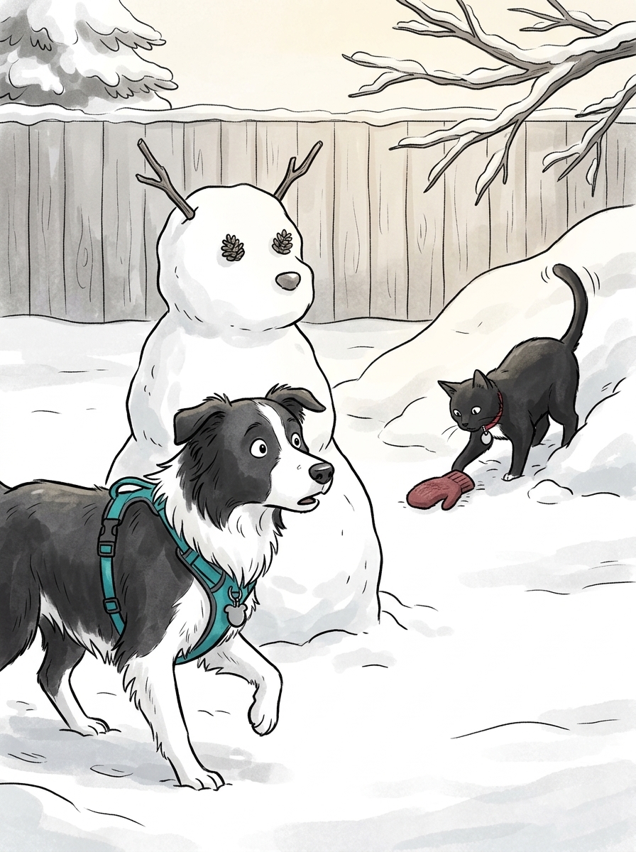 Near the wooden fence, Max freezes in surprise as he spots a large, still figure: a giant snow-dog built by neighborhood kids, complete with stick ears and pinecone eyes.