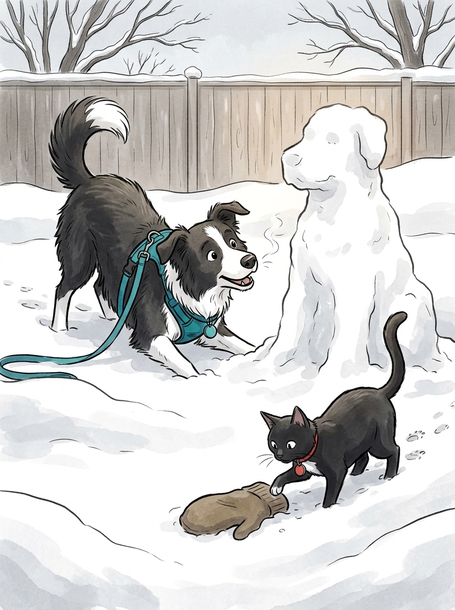 Max approaches the snow-dog cautiously, dropping into a energetic play-bow and letting out a soft bark, fully expecting the silent white creature to play fetch.