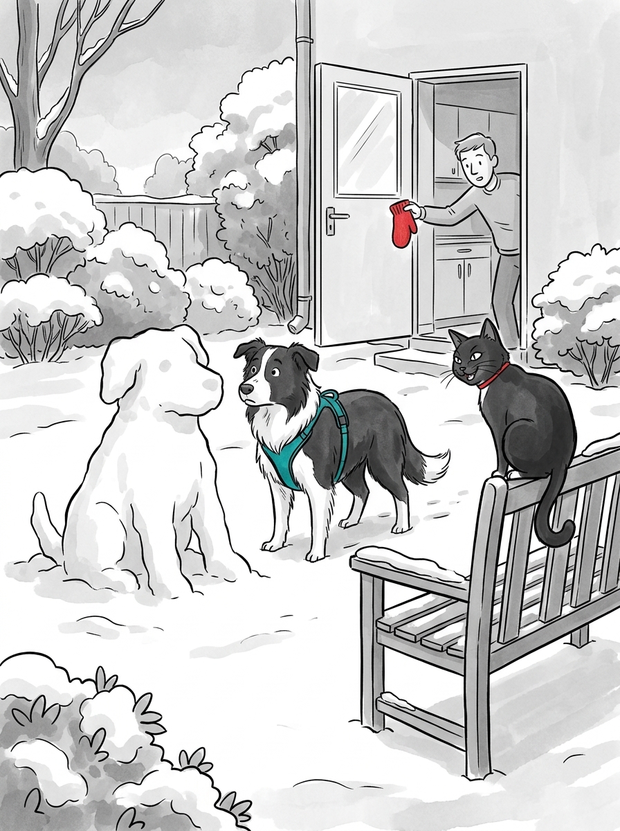 Felix perches on a snow-dusted garden bench, watching Max's confusion with amused eyes before spotting their owner looking out the back door, holding only one bright red woolen mitten.