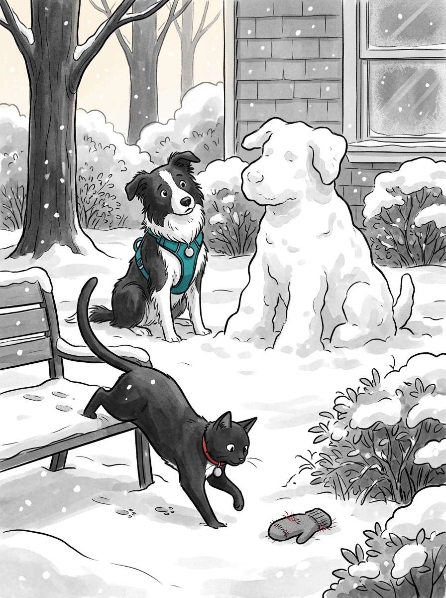 Realizing the matching red mitten is buried somewhere in the deep drifts, Felix leaps down lightly from the bench to investigate a line of tracks near the overgrown bushes.