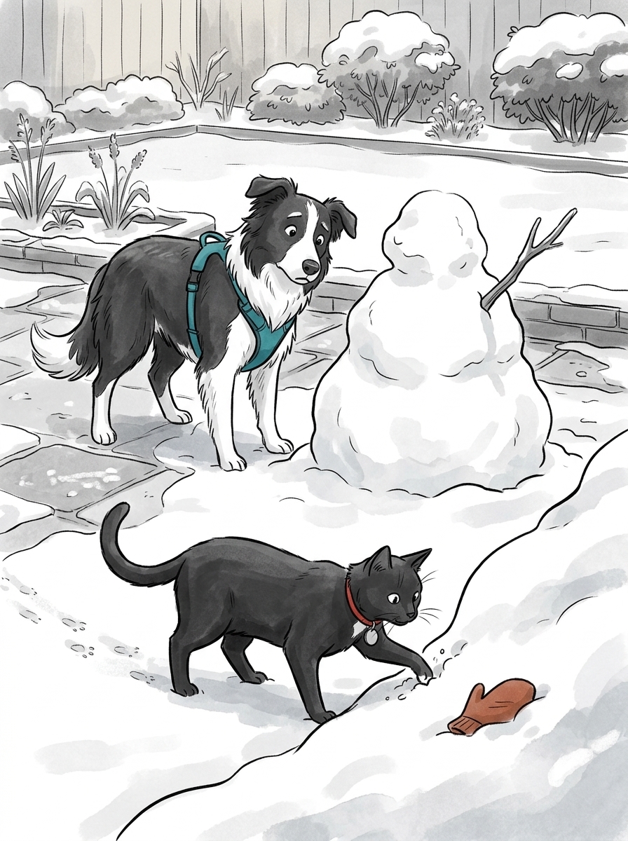 Felix uses his keen sight and delicate paws to probe the soft snowbanks, tracking a faint scent trail along the edge of the patio garden.