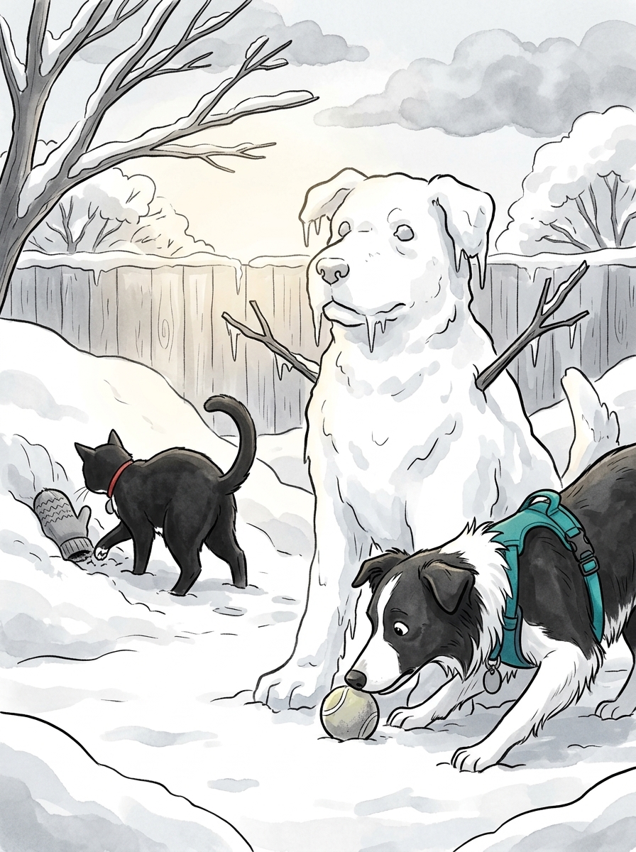 Meanwhile, Max nudges his favorite yellow tennis ball right up to the snow-dog's icy paws, growing increasingly baffled as to why his new giant friend refuses to move.