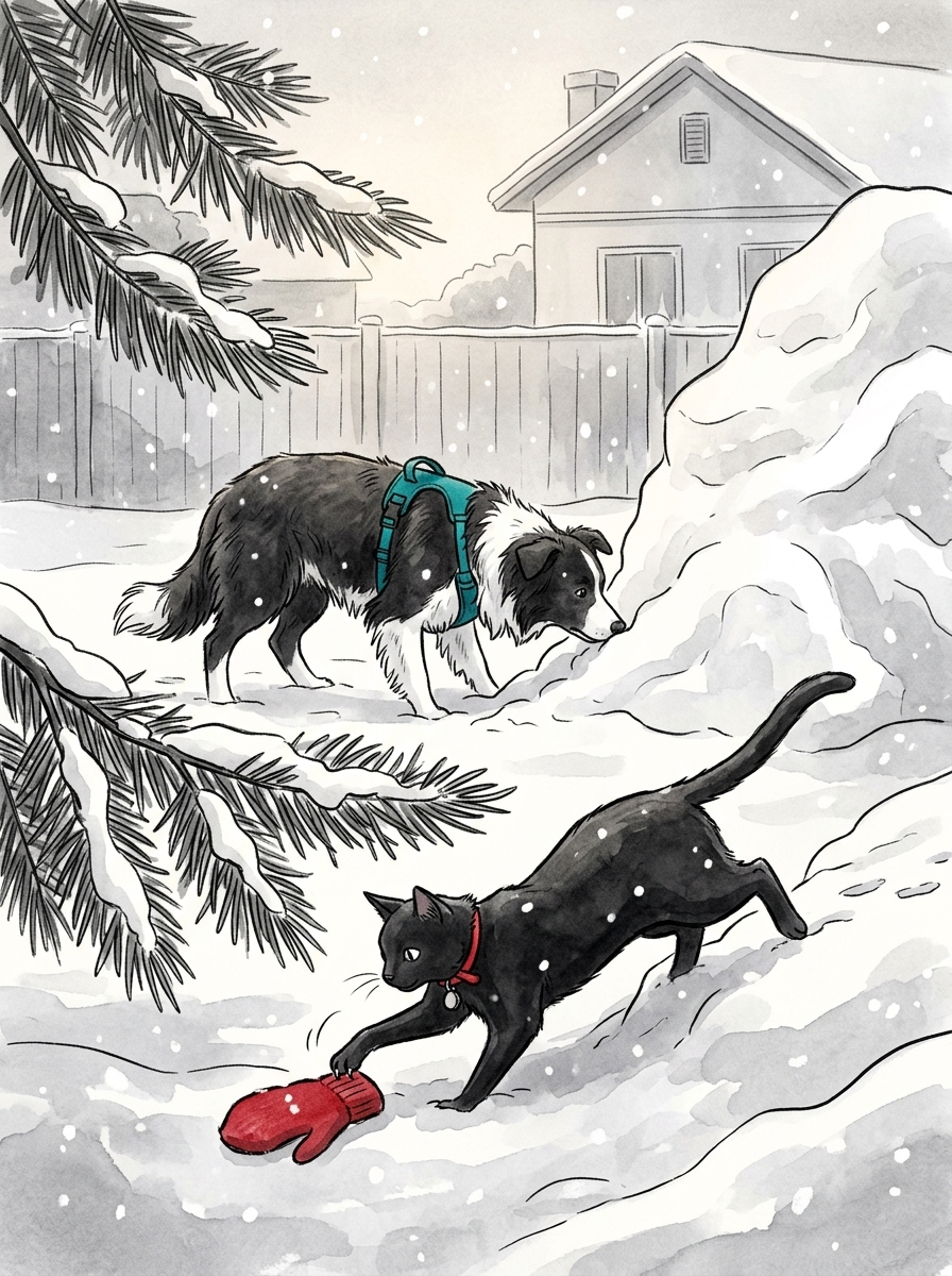 Felix spots a splash of bright red wool under an overhanging pine branch, pouncing gracefully into the drift to hook the missing mitten with his claws.