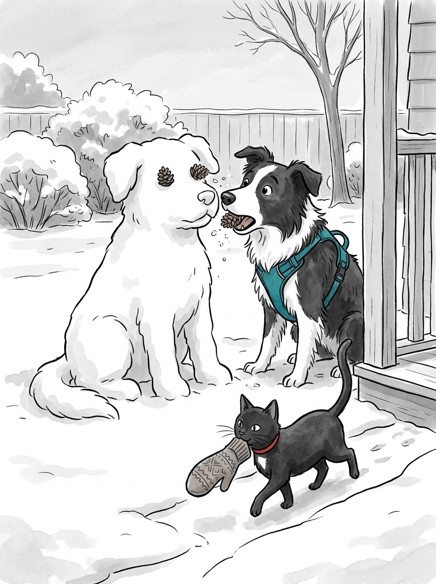 Felix trots proudly back toward the porch dragging the woolen mitten, just as Max accidentally nudges the snow-dog, causing one of its pinecone eyes to pop off in his mouth.