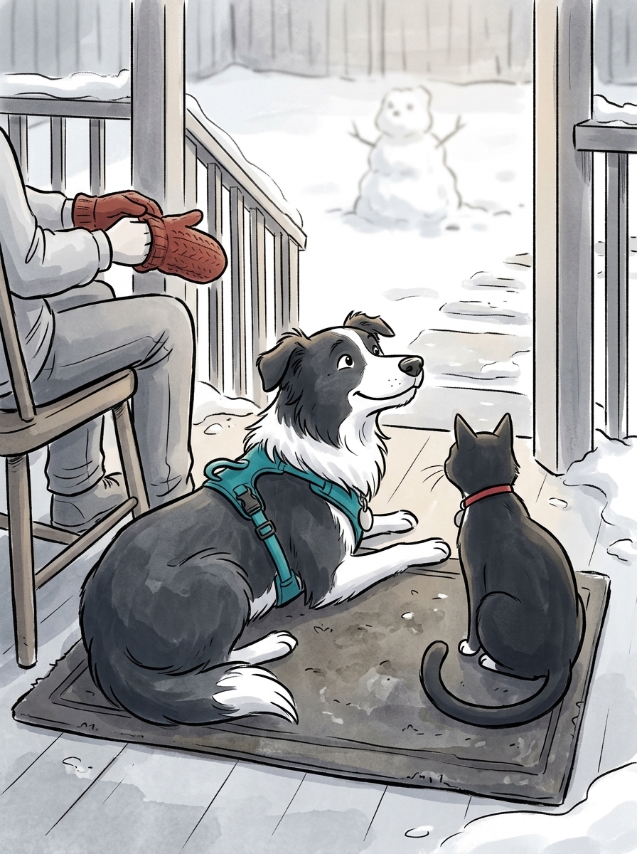 Back on the warm porch mat, their owner happily puts on both red mittens, while a triumphant Max rests his chin on his paws next to Felix, thoroughly convinced he has tamed the great snow-beast.