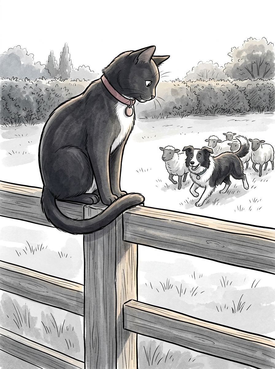Felix, a calm black cat, leaps fluidly onto the top rail of the wooden fence, wrapping his tail neatly around his paws as he looks down at Max's ambitious new herding project.