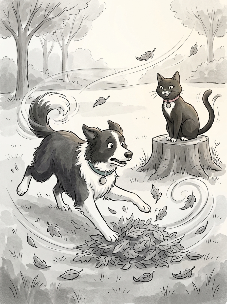 Max dashes frantically back and forth across the lawn, barking softly and nudging leaves together, but a strong gust of wind immediately sweeps through and scatters his growing pile across the grass.