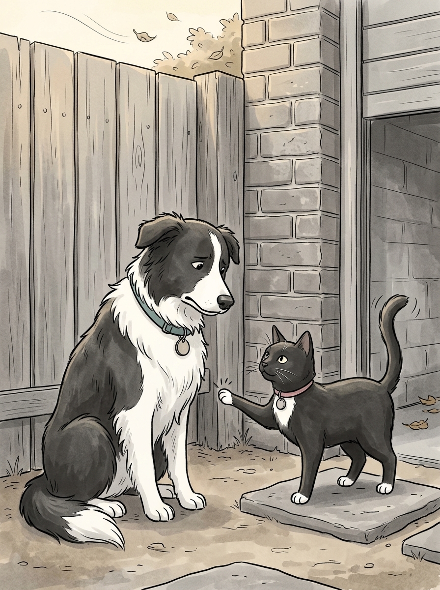 Noticing Max's frustration, Felix flicks his tail thoughtfully and taps a paw toward the sheltered corner where the wooden fence meets the brick garage, silently pointing out a strategic windbreak.