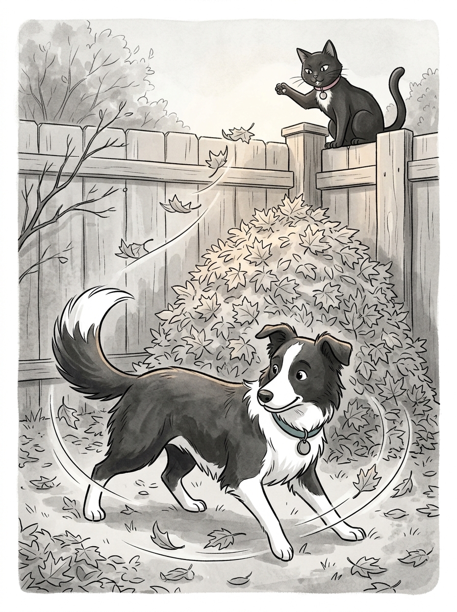 Following Felix's careful paw gestures from above, Max expertly sweeps wide arcs around the yard, successfully guiding the swirling maple leaves into a towering, neat pile safely tucked into the fence corner.