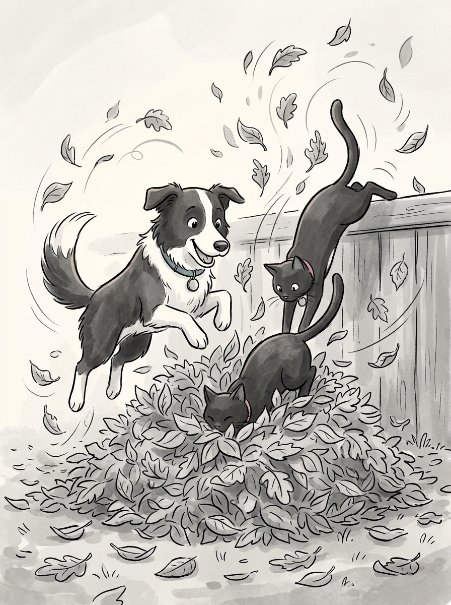 As Max sits proudly beside the finished leaf mound, Felix casually launches himself off the fence top directly into the center of the pile, exploding leaves everywhere while Max happily leaps in right after him.