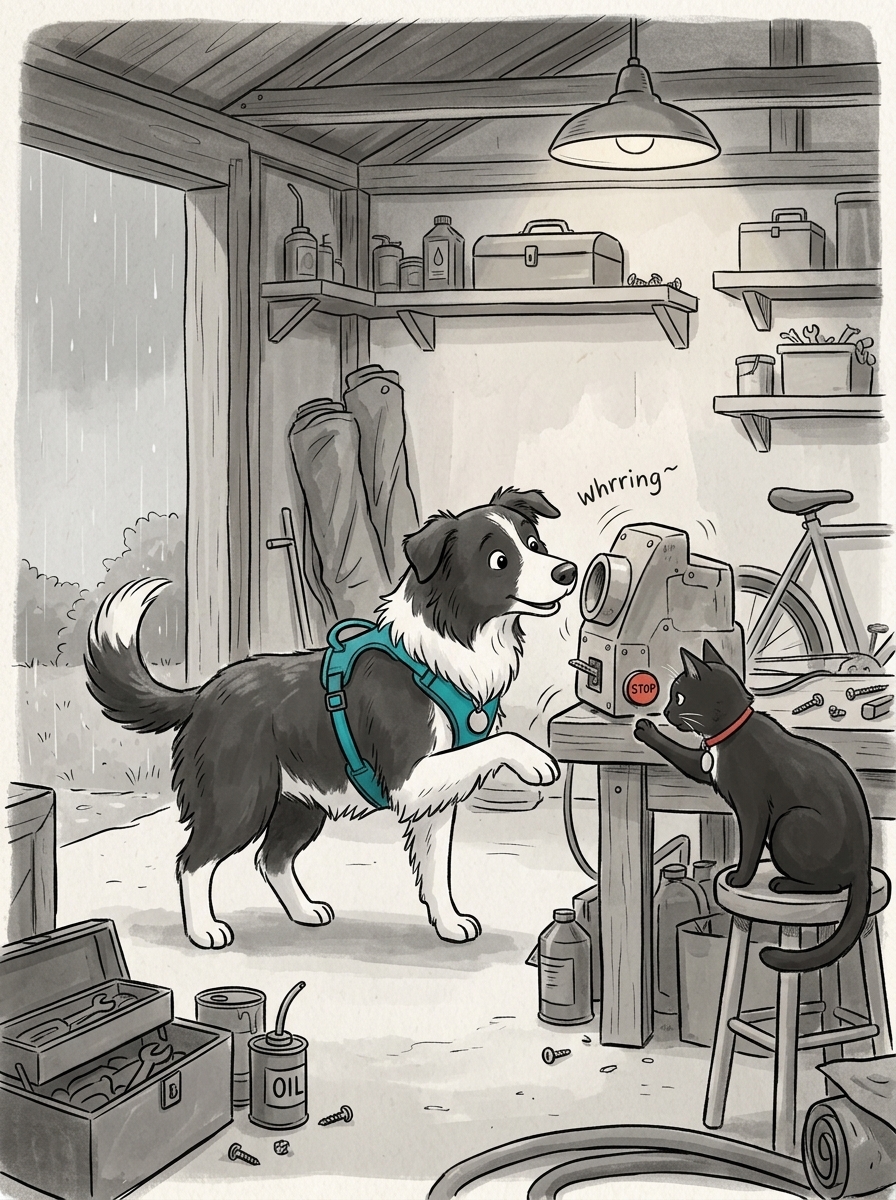 Max sniffs around the workbench and discovers an old automatic tennis ball launcher, which suddenly clicks on with a low, mechanical whir.