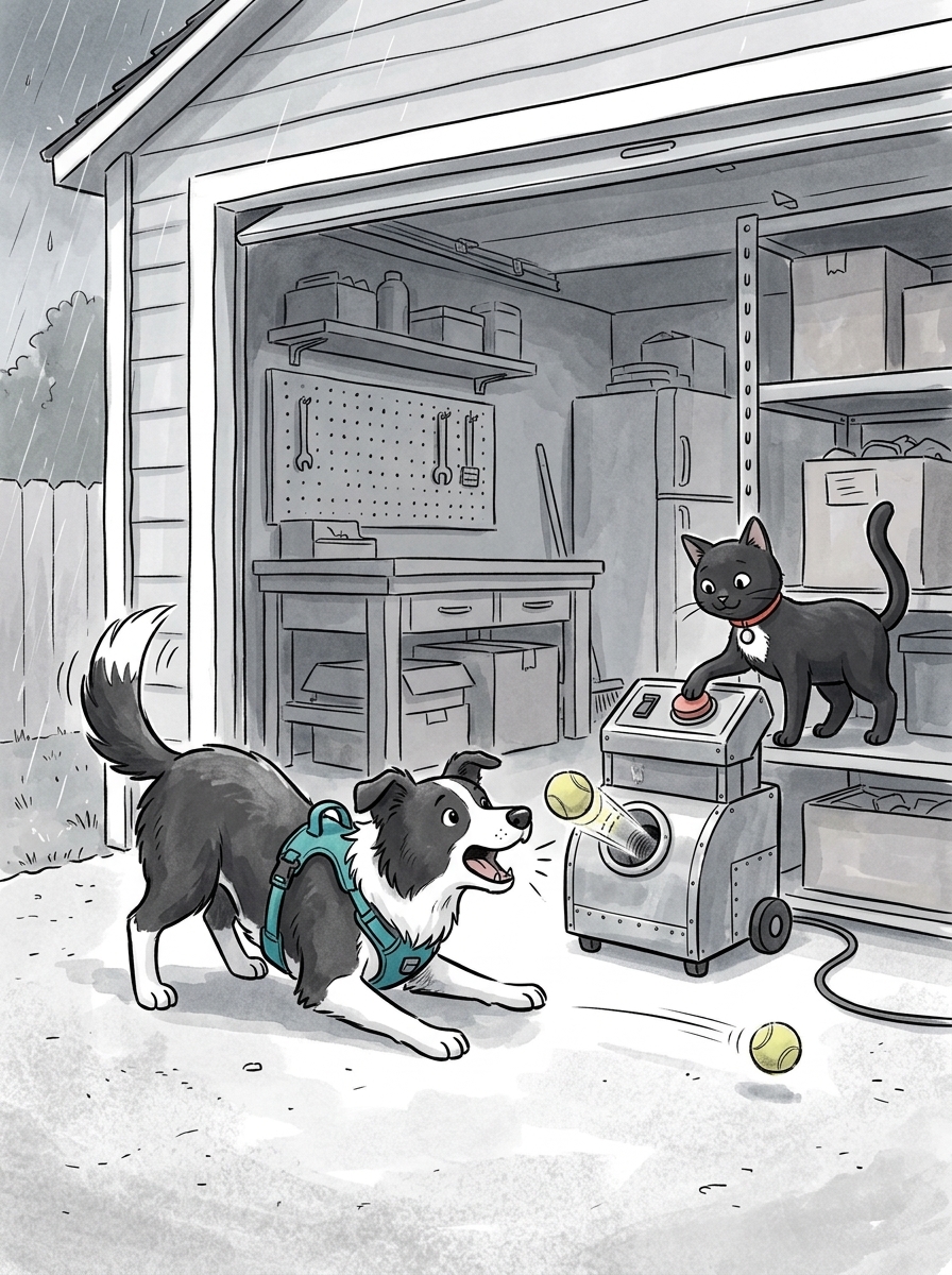 The machine shoots a yellow tennis ball across the concrete floor, and Max immediately drops into an enthusiastic play-bow, barking happily at his new metal 'friend.'