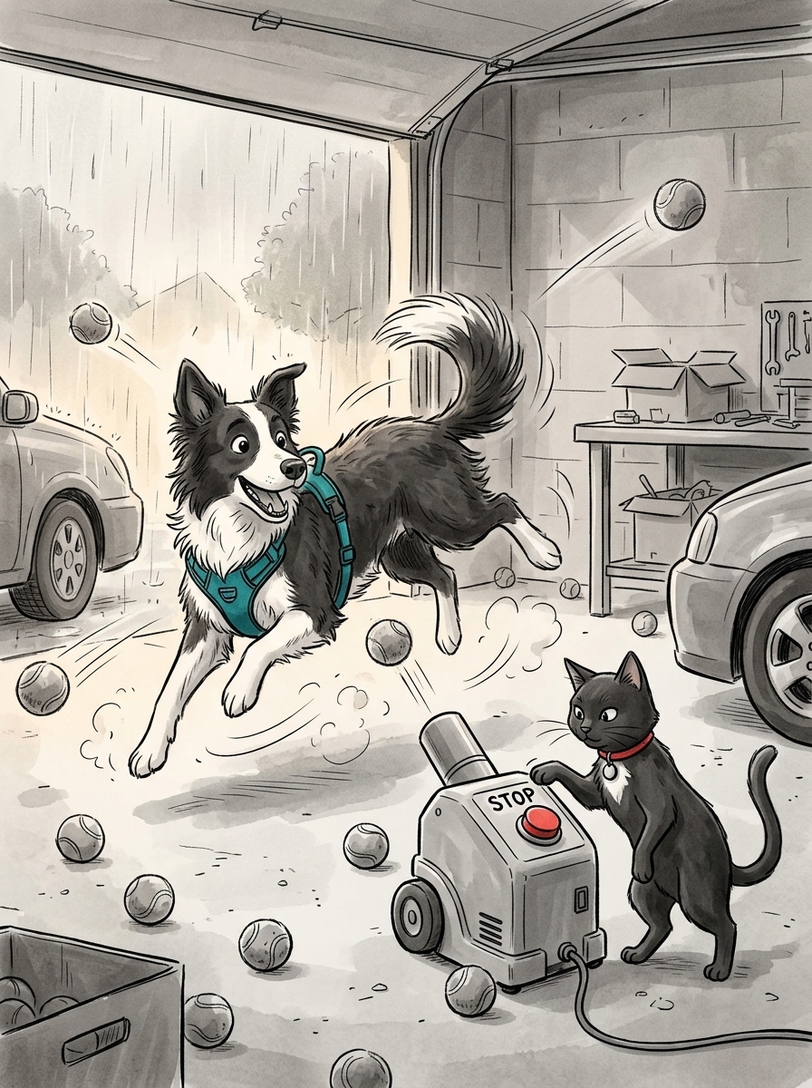 The rogue launcher begins firing balls in rapid succession, sending Max into a chaotic, joyful frenzy of leaping and spinning across the garage floor.