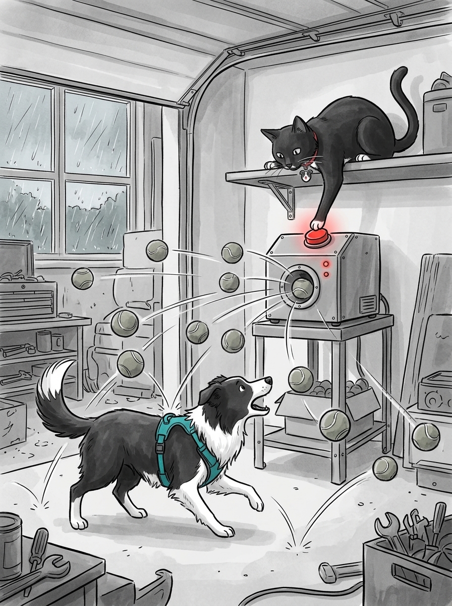 From a high, safe shelf, Felix calmly watches the barrage of bouncing tennis balls and spots the big red stop button glowing on the side of the machine.