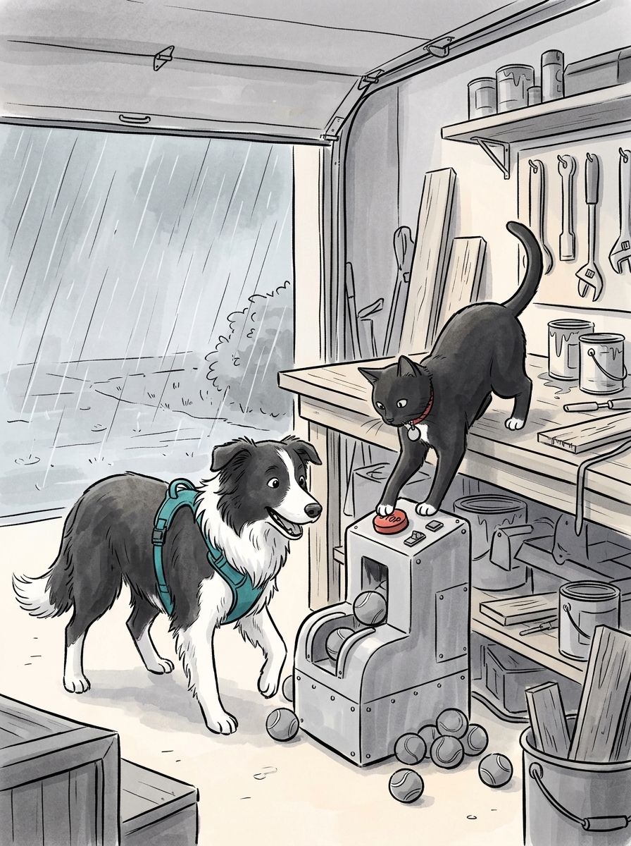 Felix leaps down onto the workbench with graceful precision and firmly pounces on the red button with his front paw, shutting the machine off.