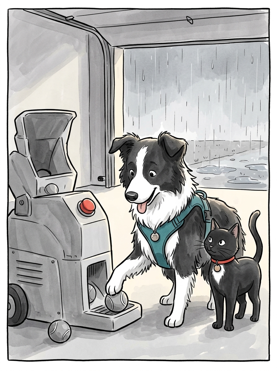 Max gently places a final tennis ball at the base of the silent launcher to say goodbye, then gives Felix an affectionate, panting nudge of thanks.