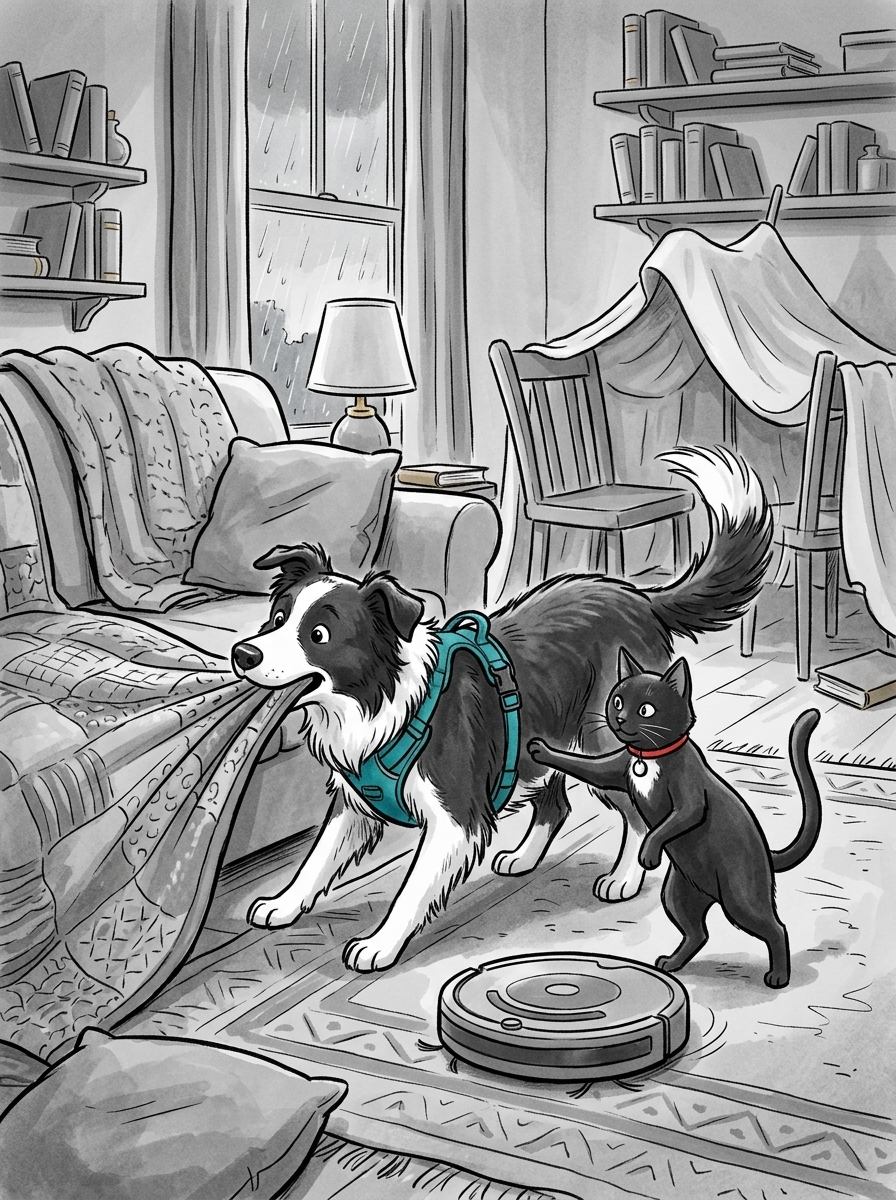 Filled with sudden inspiration, Max grabs the edge of a large woven quilt from the sofa in his teeth and pulls with all his energetic strength.