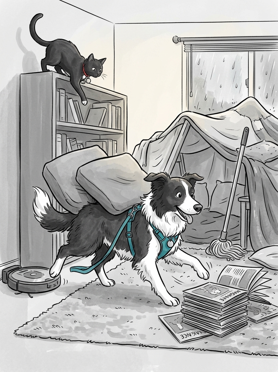 Max trots enthusiastically across the rug carrying sofa cushions, accidentally tipping over a neat stack of magazines while Felix leaps gracefully onto a bookshelf to observe the chaos.