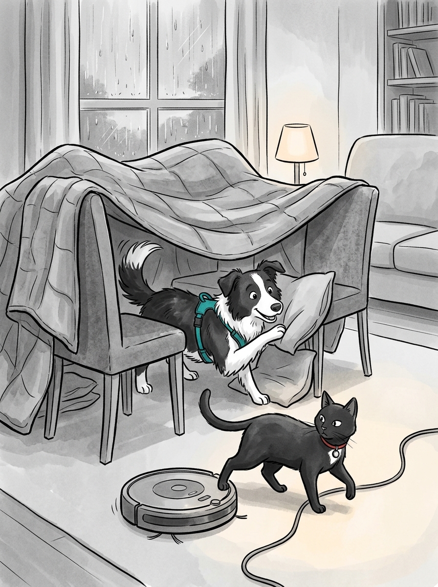 Max drapes the heavy quilt over the backs of two dining room chairs, creating a wobbly, sagging tent structure that sways precariously.