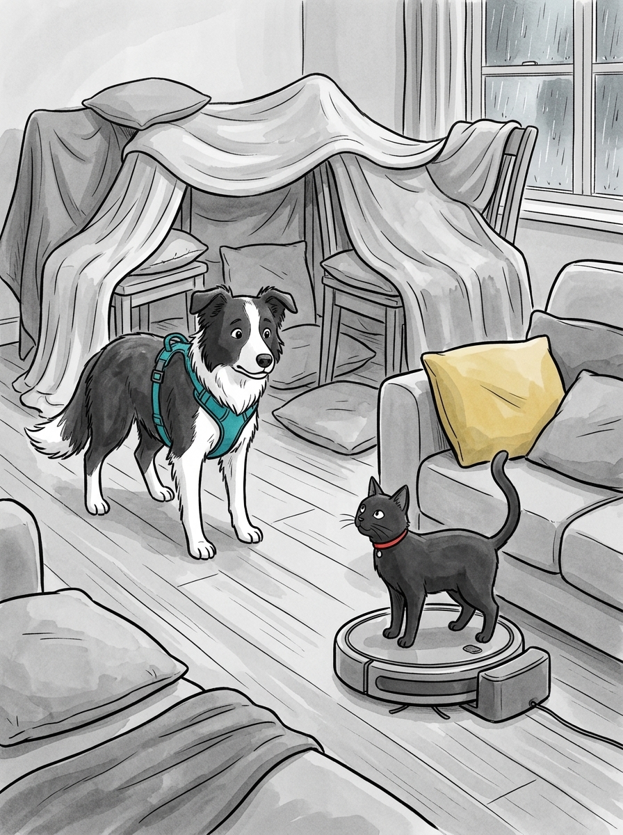 Needing one last pillow to complete his fort, Max spots a yellow cushion across the living room, but notices the sleek robot vacuum docked asleep right in his path.
