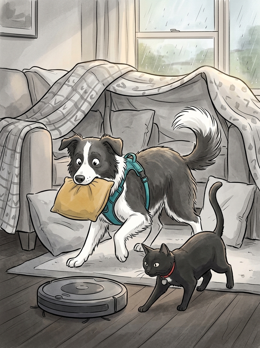 Max freezes in mid-stride holding the yellow pillow in his jaws, his eyes wide with comical tension as he stares at the quiet, round robot vacuum.