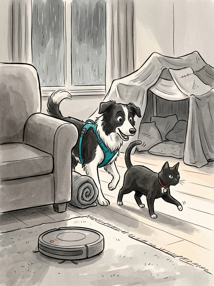 Felix lightly hops down from the bookshelf and uses subtle tail flicks and cautious paws to guide Max along a stealthy detour behind the armchair.