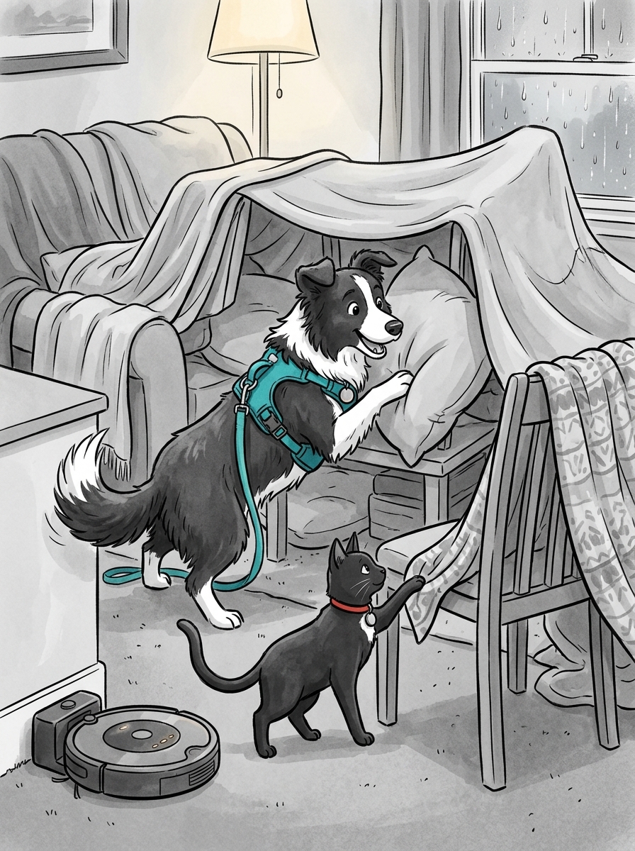 Max squeezes the final pillow into the fort's entrance while Felix uses one clever paw to tuck a slipping blanket corner neatly over a chair back.