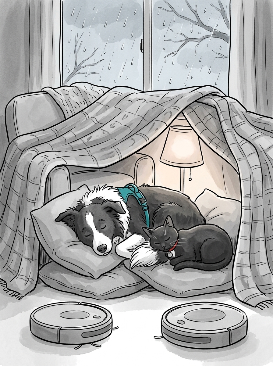Safe inside the cozy, slightly lopsided blanket fort, Max and Felix curl up together on the soft cushions, fast asleep while the rain continues to fall outside.