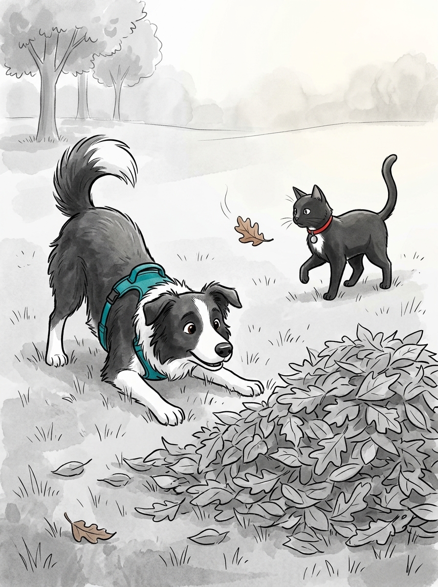 Max lowers his front paws into a classic play-bow at the edge of the leaf pile, eyeing the giant golden target, while Felix spots a single crisp brown oak leaf tumbling slowly across the grass in the breeze.