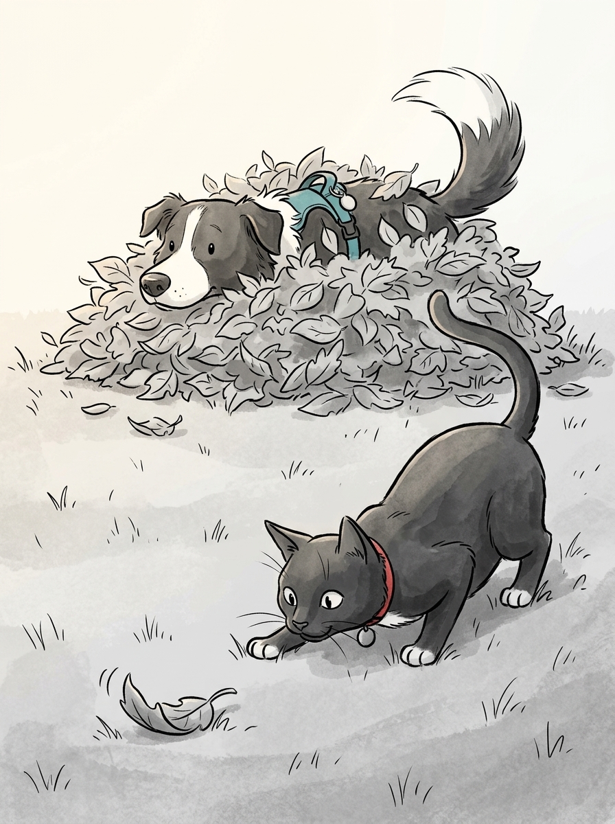 As the leaves settle, only Max's snout and wagging tail are visible above the pile, while a few feet away, Felix drops into a classic belly-crawl, intently tracking his single leaf as it wiggles across the lawn.