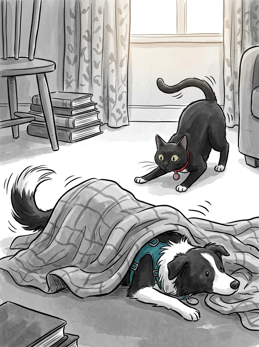 Felix wiggles his hindquarters with laser-focused intensity, eyes wide as he prepares to spring, completely ignoring the giant canine mound rustling nearby.