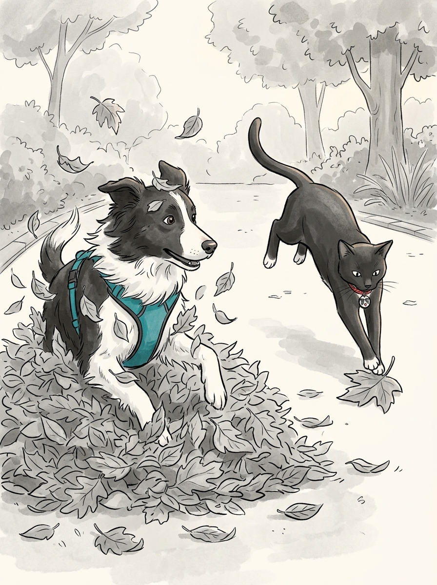Felix makes a perfect, elegant leap and lands both front paws right on his targeted leaf, just as Max explodes out of the main pile in a sudden burst of energy.