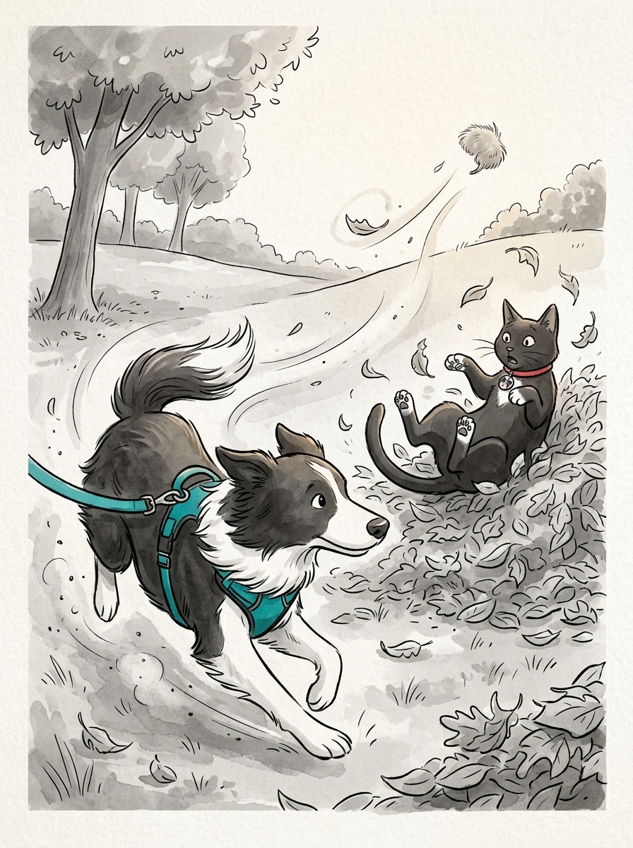 Max's sudden dash creates a breeze that sweeps Felix's prize away, tumbling the surprised black cat backward into a small side-drift of soft leaves.