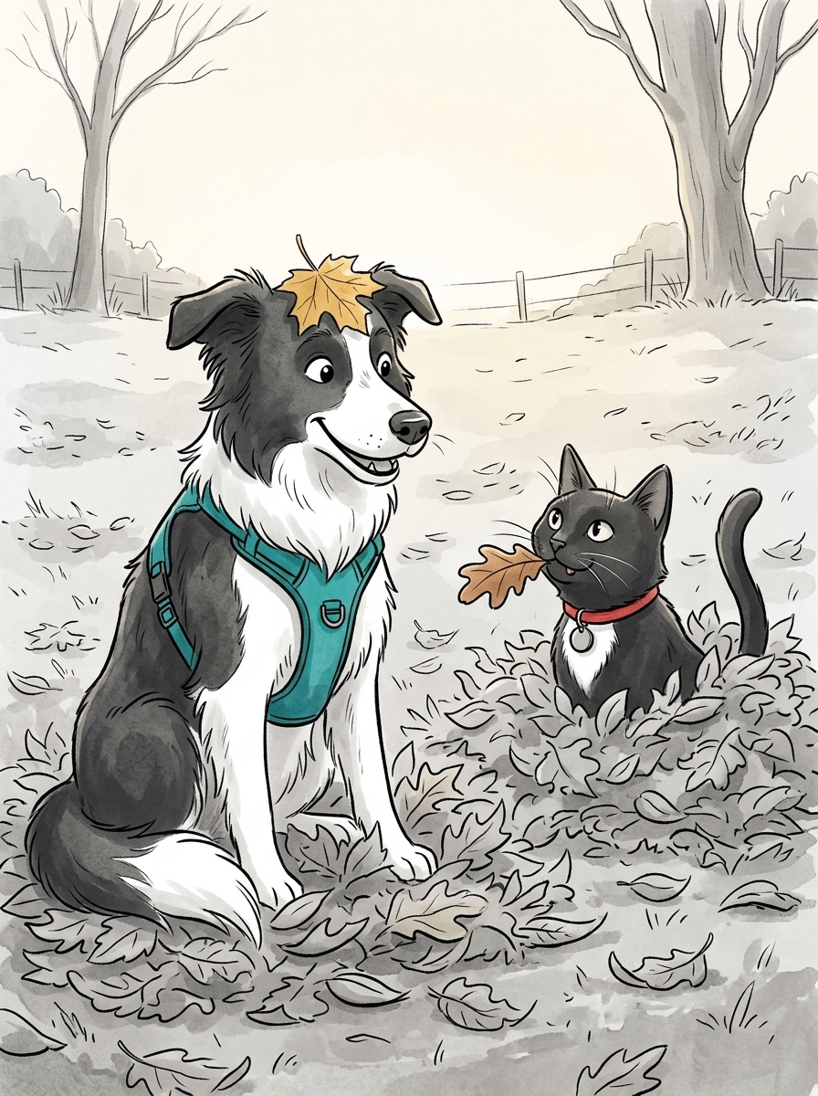 Max sits happily in the middle of the scattered leaves wearing a big yellow maple leaf stuck to his forehead, while Felix pokes his head out of his own leaf pile, proudly holding his captured brown oak leaf in his mouth.